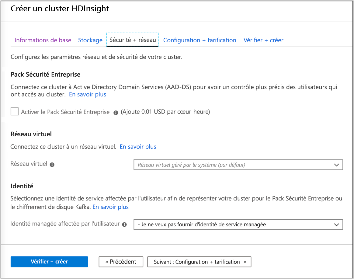 Capture d’écran de l’onglet Sécurité et mise en réseau de l’écran de création d’un cluster HDInsight dans le Portail Azure