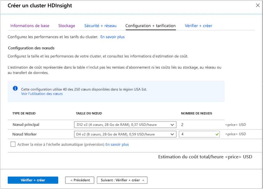 Capture d’écran de l’onglet Configuration et Tarification de l’écran de création d’un cluster HDInsight dans le Portail Azure