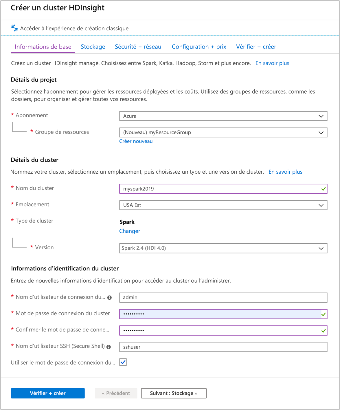 Capture d’écran de l’onglet De base de l’écran de création d’un cluster Azure HDInsight dans le Portail Azure