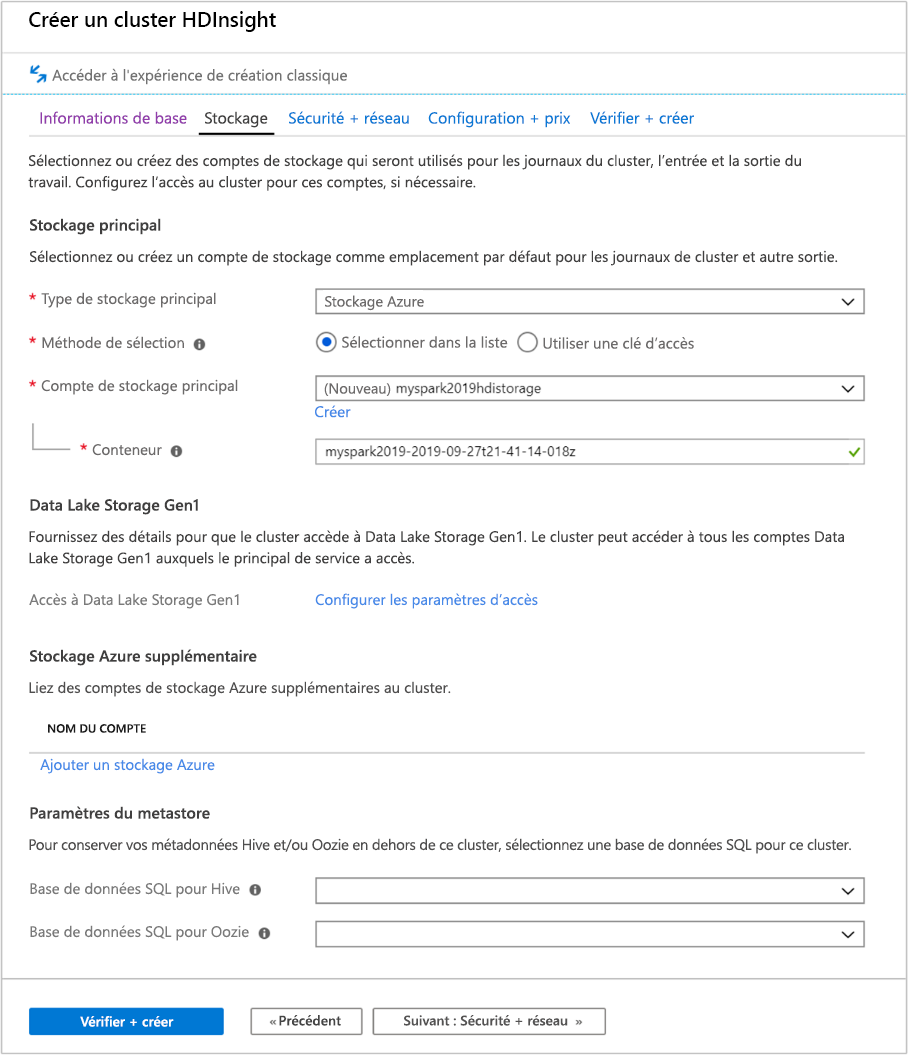 Capture d’écran de l’onglet Stockage de l’écran de création d’un cluster Azure HDInsight dans le Portail Azure