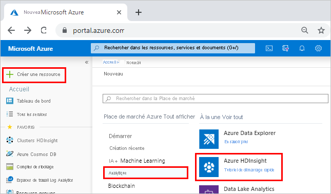 Capture d’écran montrant le portail Azure avec Créer une ressource, Analytique et Azure HD Insight mis en surbrillance.