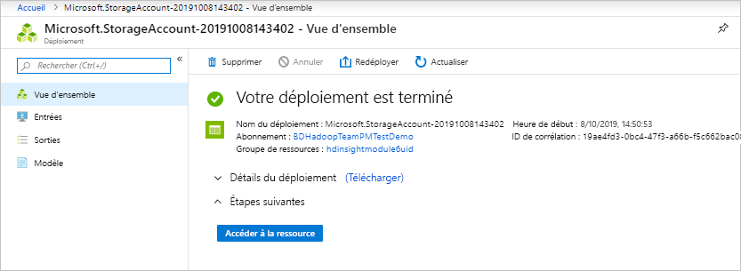 Capture d’écran montrant la page de vue d’ensemble du compte de stockage Microsoft, indiquant que votre déploiement est terminé.