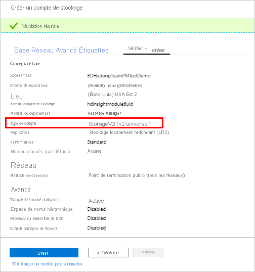 Écran de vérification HDInsight dans le portail Azure.