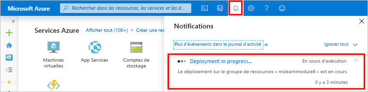 Notification de déploiement en cours dans le portail Azure.