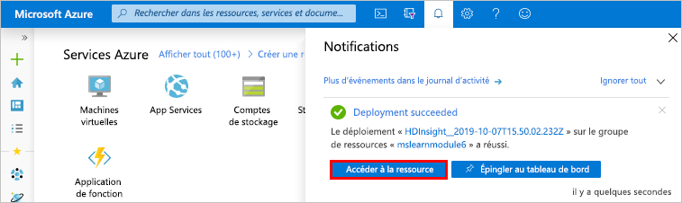 Écran de déploiement HDInsight réussi dans le portail Azure.