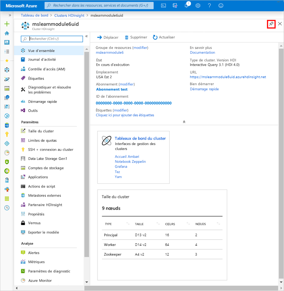 Écran Vue d’ensemble de HDInsight dans le portail Azure.