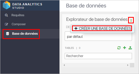 A screenshot of the Create Database button in the Data Analytics Studio application