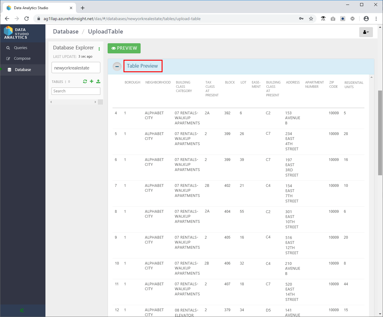 Table preview in the Data Analytics Studio application