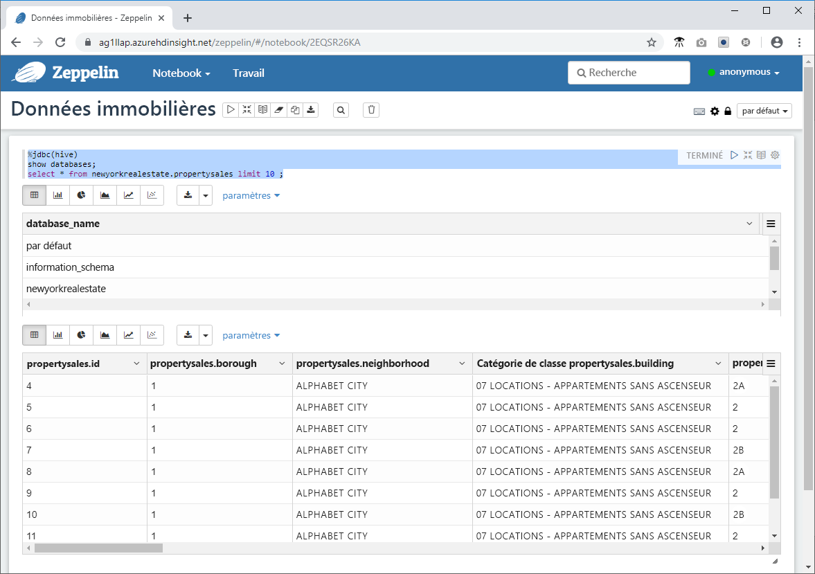 Viewing Query results in a Zeppelin Notebook in the Azure portal