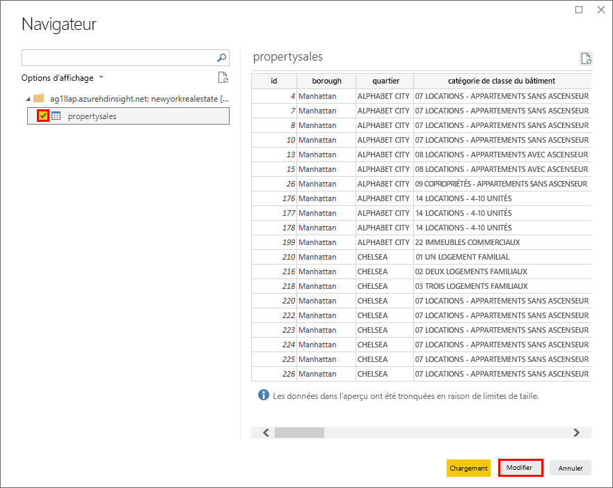 Écran du navigateur dans Power BI