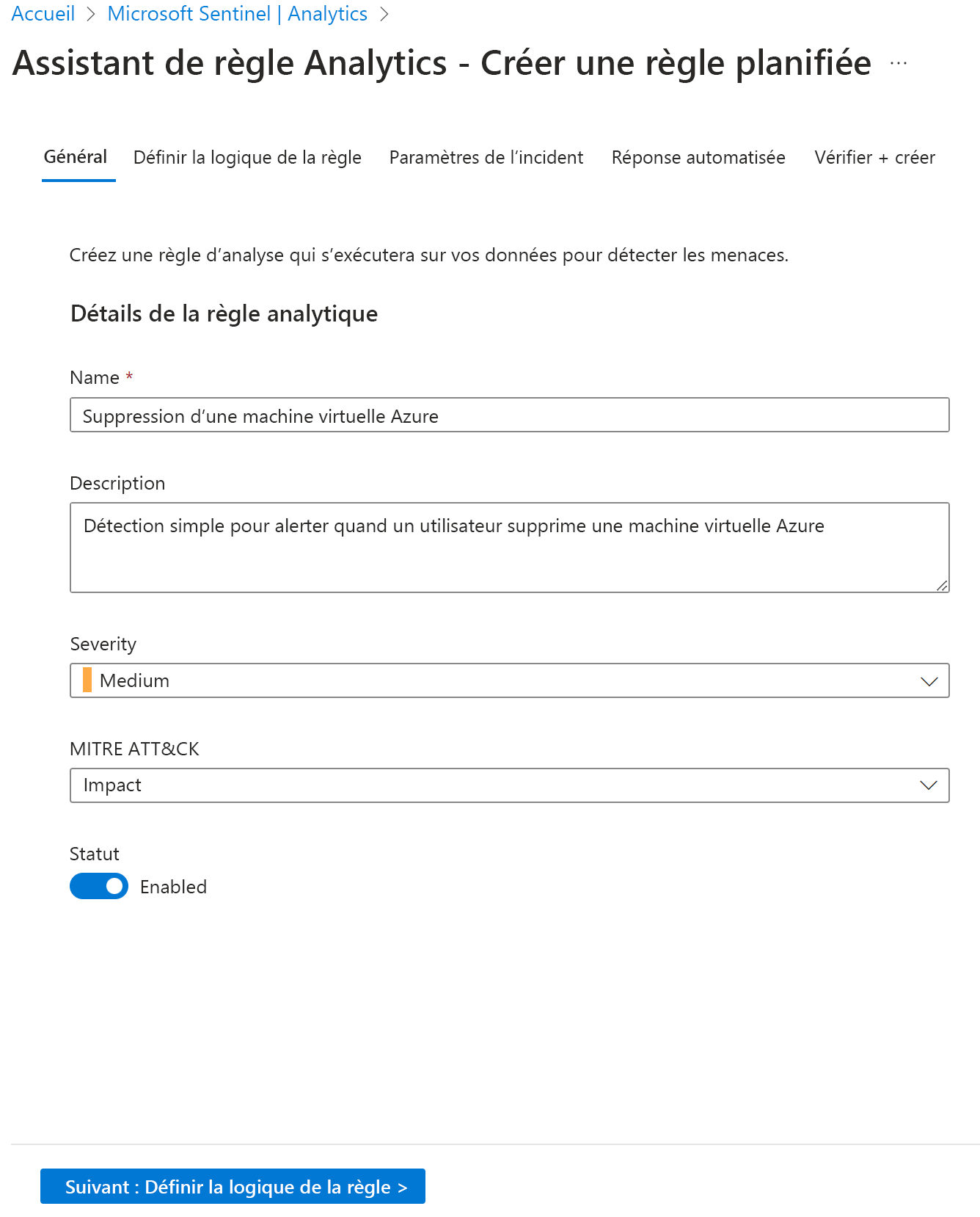 Capture d’écran de l’Assistant Règle analytique - Créer une règle.