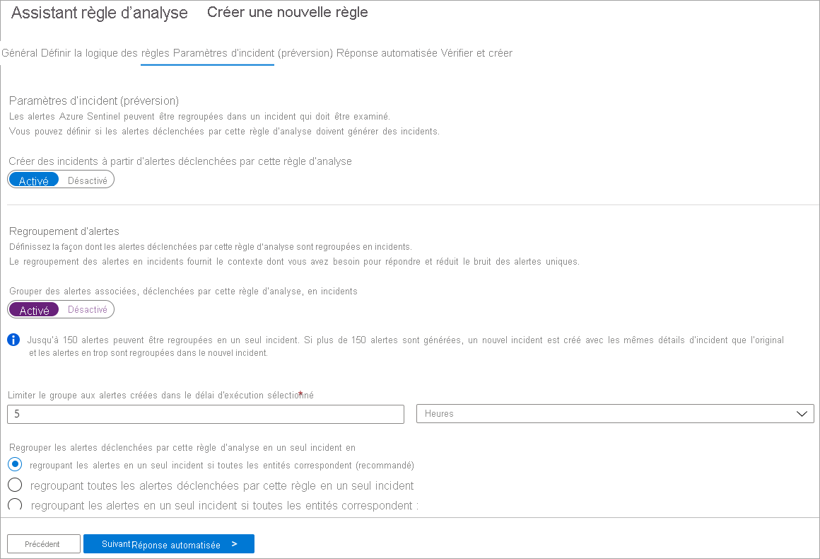 Capture d’écran Paramètres d’incident Analytics.