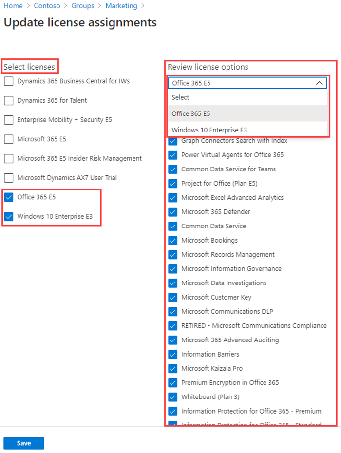 Screenshot of the select license dialog. The image displays licenses selected and assigned to a group. The review license menu is also selected displaying multiple licenses being added to the group.