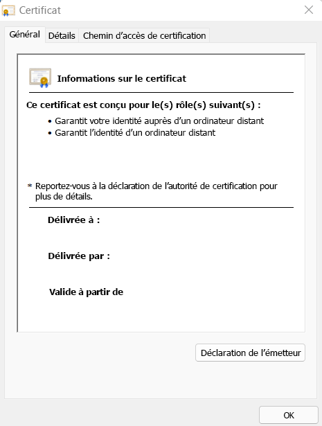 Cette image fournit des détails sur le certificat numérique. Les informations fournies incluent l’objectif du certificat, auquel il a été émis, qui a émis le certificat et pendant combien de temps le certificat est valide.