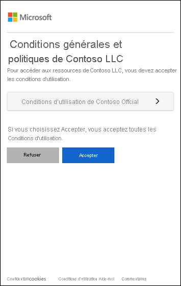 Capture d’écran de la notification des conditions d’utilisation. L’utilisateur doit accepter les conditions d’utilisation pour continuer ou décliner.