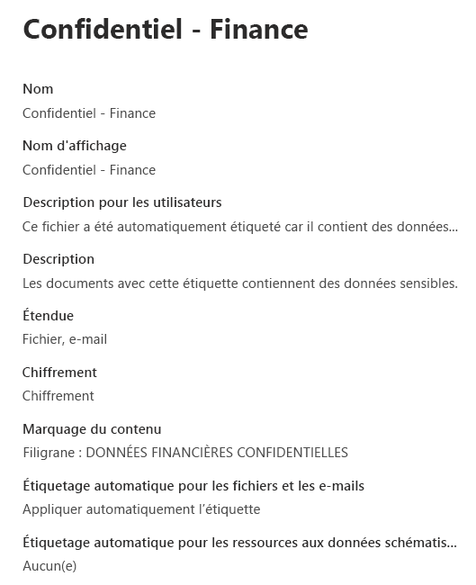 Capture d’écran d’une étiquette de confidentialité, nommée Confidential-Finance, qui contient des paramètres de chiffrement, de marketing du contenu et d’auto-étiquetage pour des fichiers et e-mails.