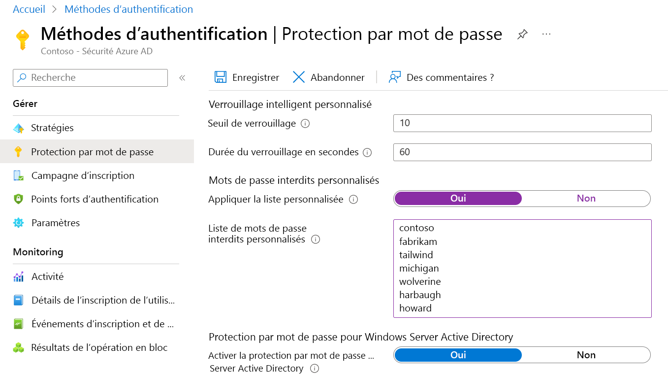 Capture d’écran montrant un écran de configuration pour la configuration d’une liste personnalisée de mots de passe interdits.