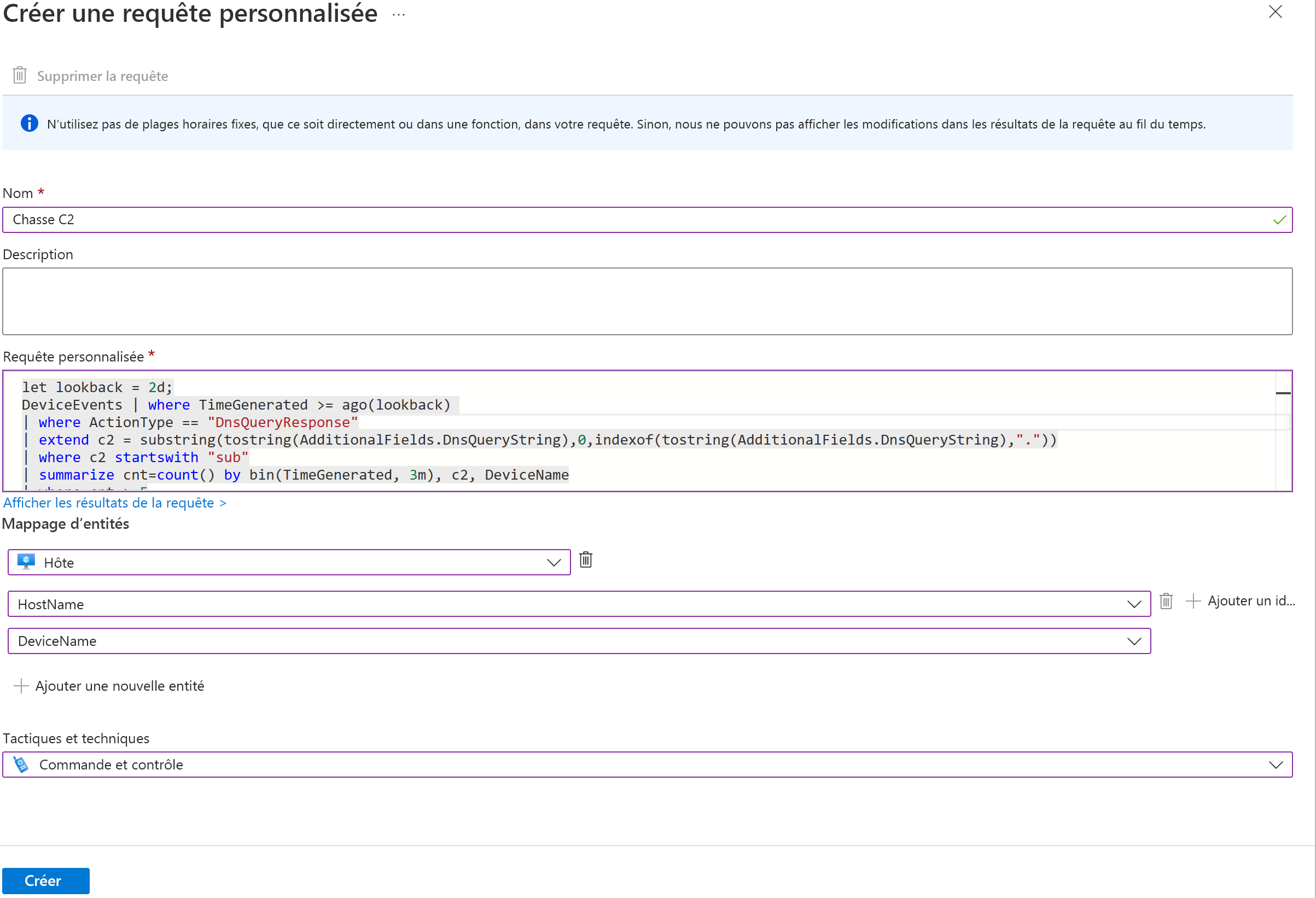 Capture d’écran montrant la page de création d’une requête personnalisée dans Microsoft Sentinel.