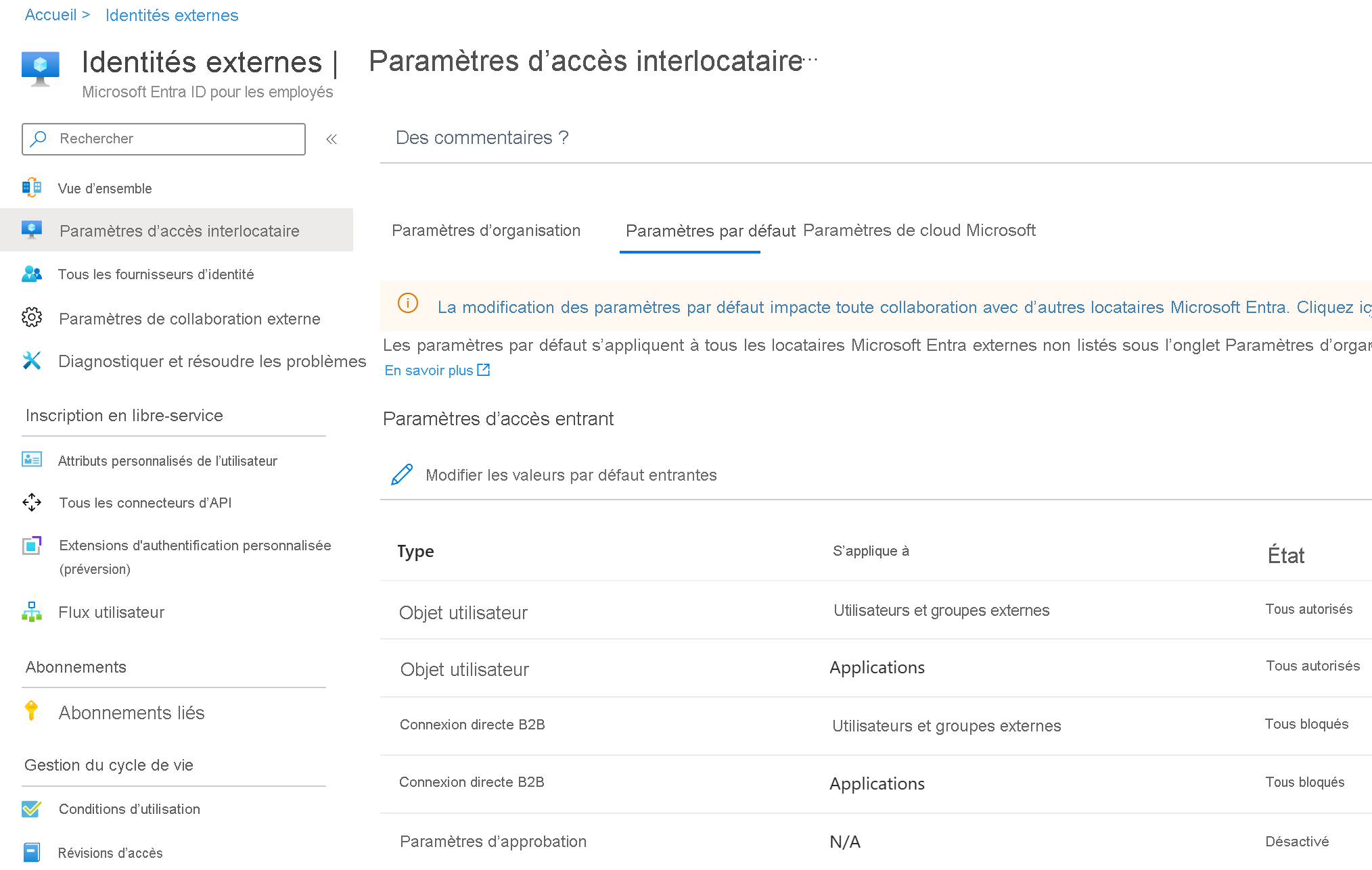 Screenshot of the Microsoft Entra ID external identities cross-tenant access controls dialog. Configure inbound and outbound access.