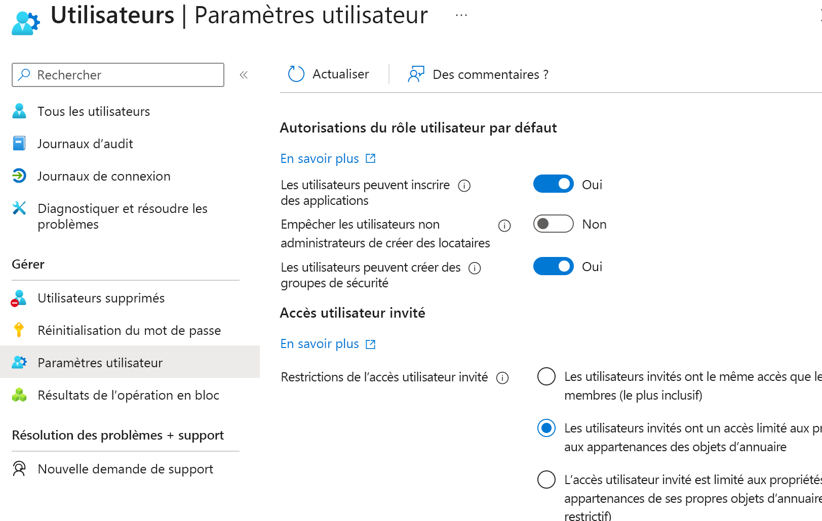 Screenshot of the External users option in the user settings. Choose what restrictions are set for external users.