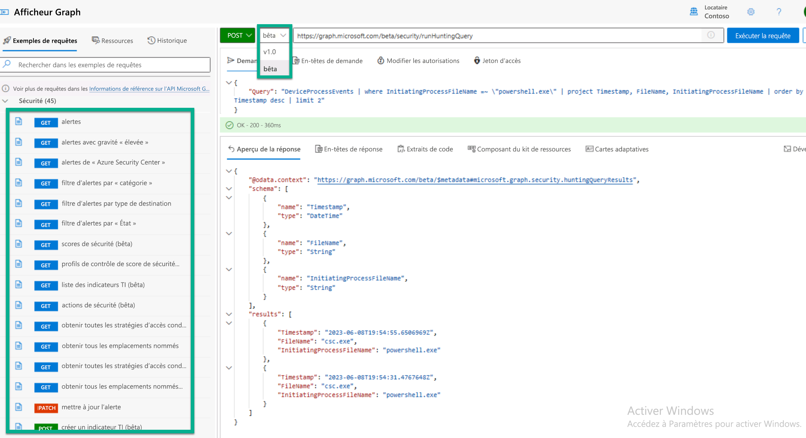 Capture d’écran de Microsoft Graph Explorer exécutant la requête de repérage KQL.