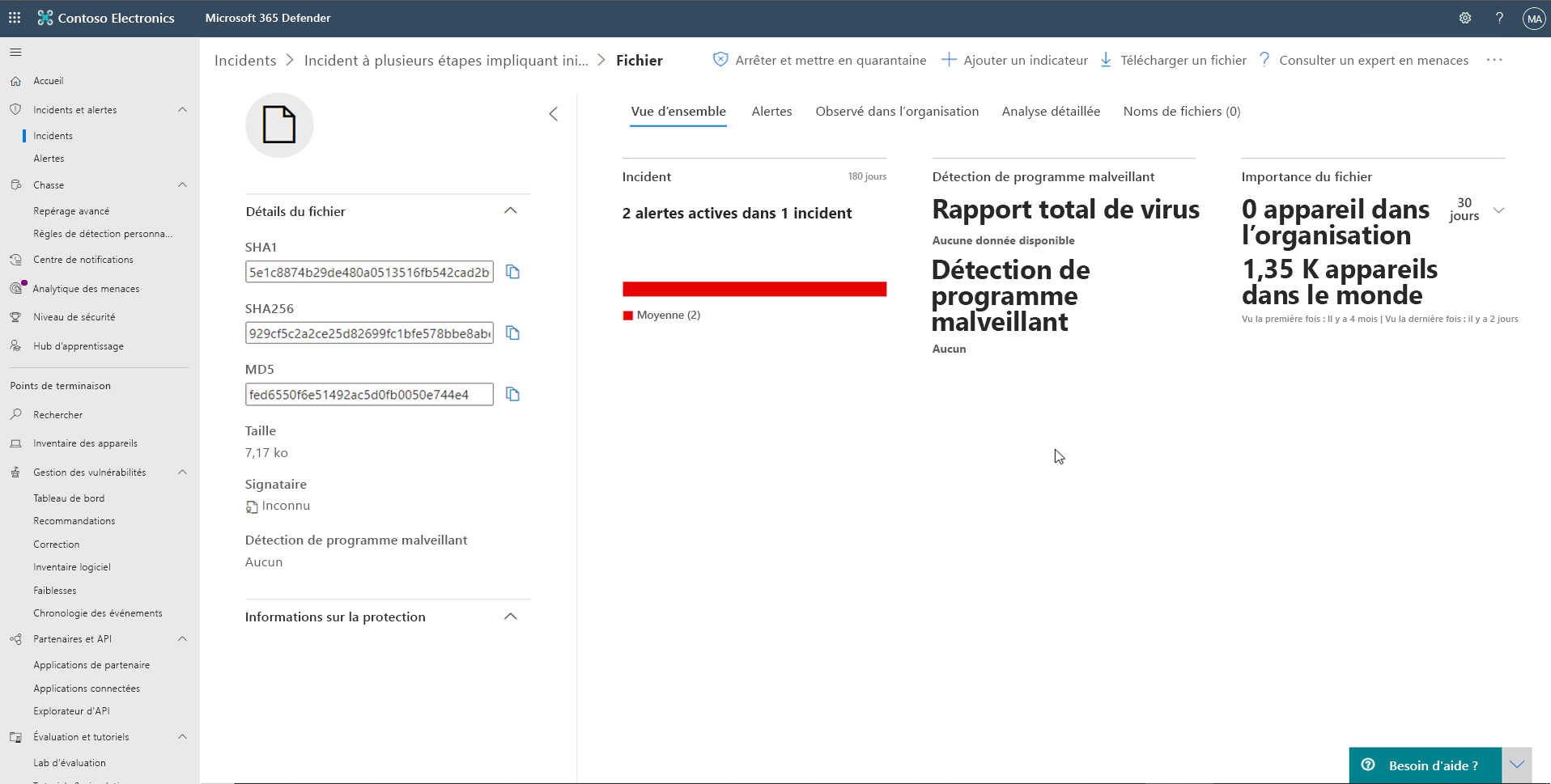 Capture d’écran des informations de la page Fichier dans Microsoft Defender pour point de terminaison.