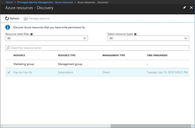 Screenshot of the Discovery resource page within the Azure resources. Search for resources.