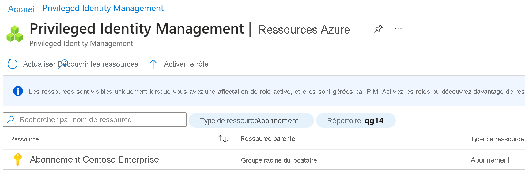 Screenshot of the Azure resources discovery screen with the subscription and manage resource highlighted.