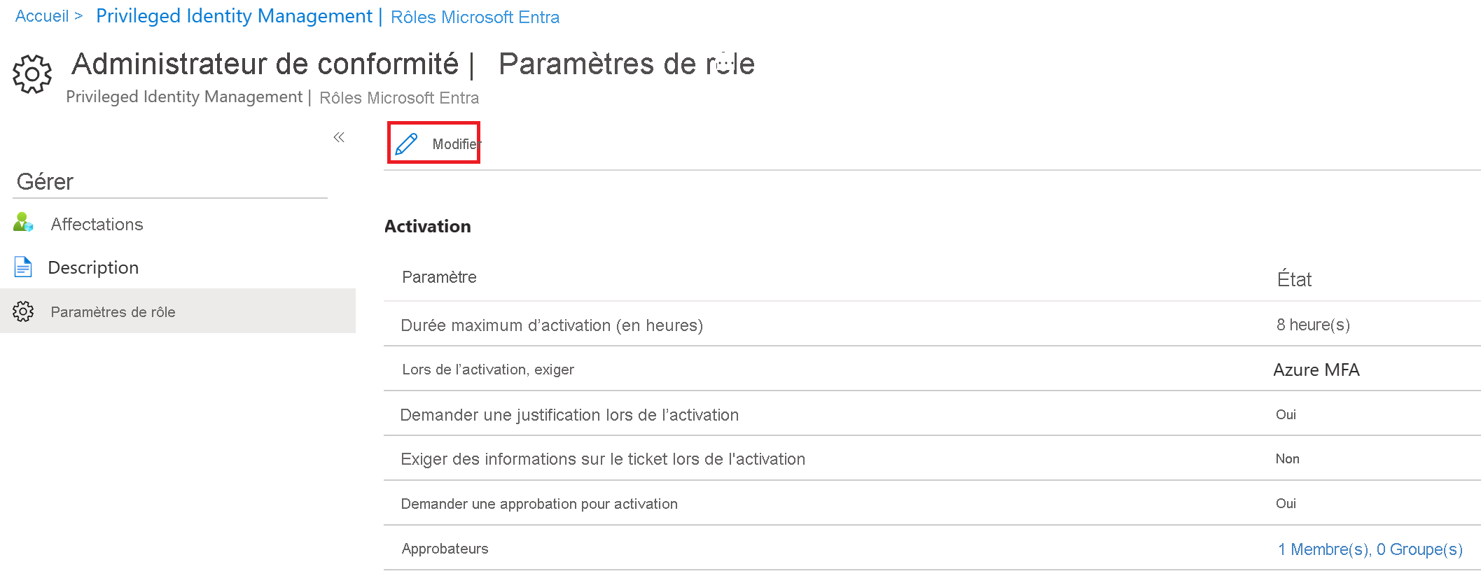 Screenshot of the top portion of the Role setting details -Compliance Administrator page with Edit highlighted.