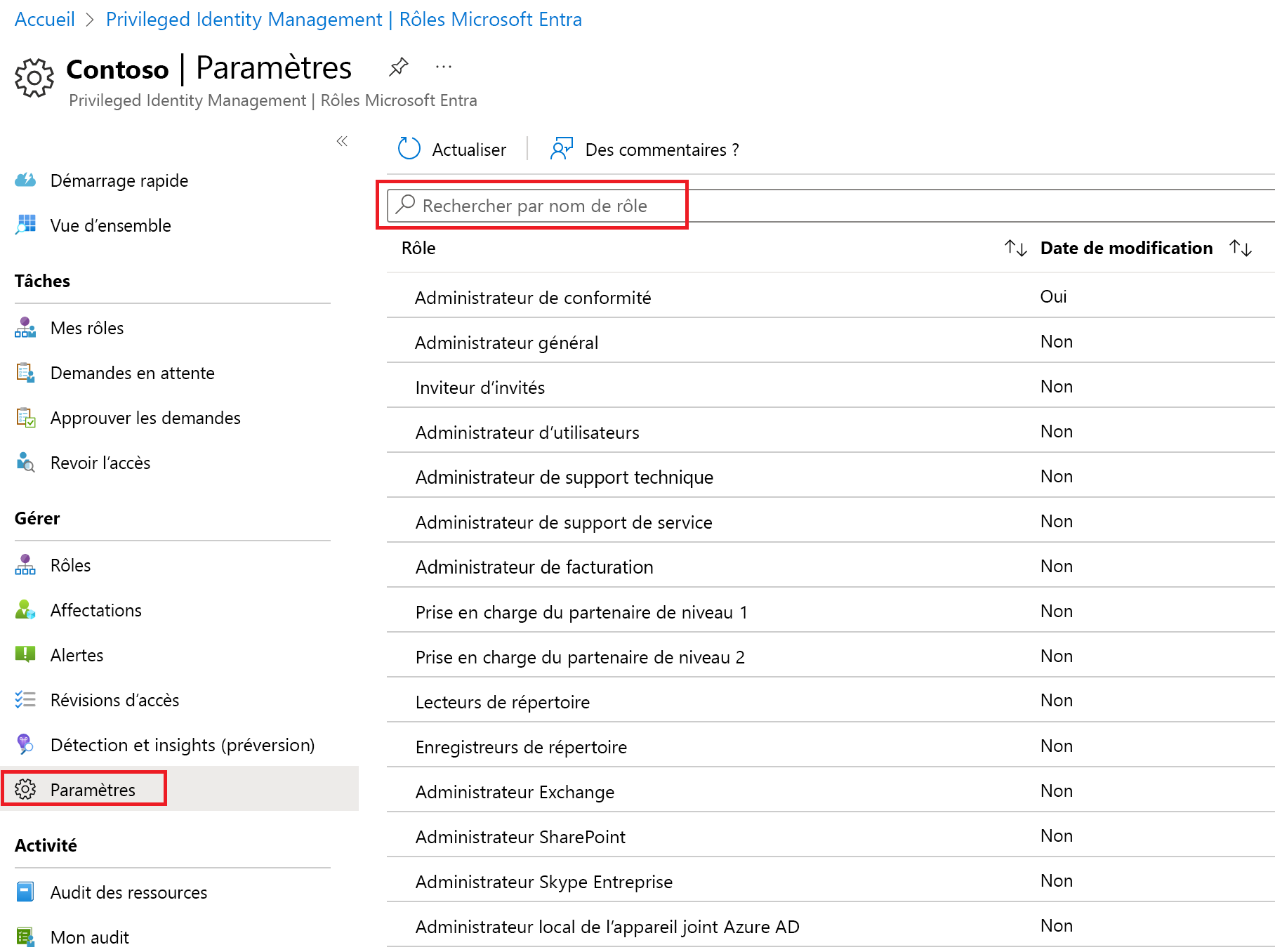 Screenshot of the Microsoft Entra roles page with the Settings menu highlighted.