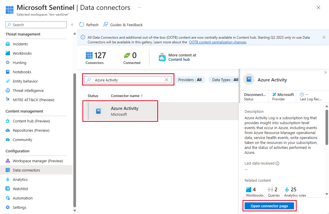 Screenshot of the Microsoft Sentinel Data connectors page.