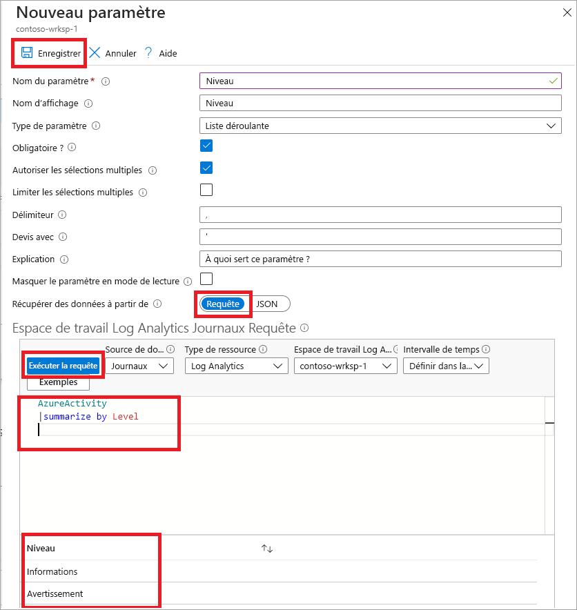 Capture d’écran du volet Nouveau paramètre, avec les étapes pour ajouter un nouveau paramètre. Les options Enregistrer, Requête, Exécuter la requête et la section AzureActivity sont mises en évidence dans la capture d’écran.