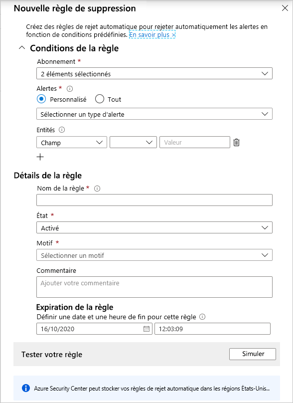 Screenshot of Defender for Cloud new alert suppression rule pane.