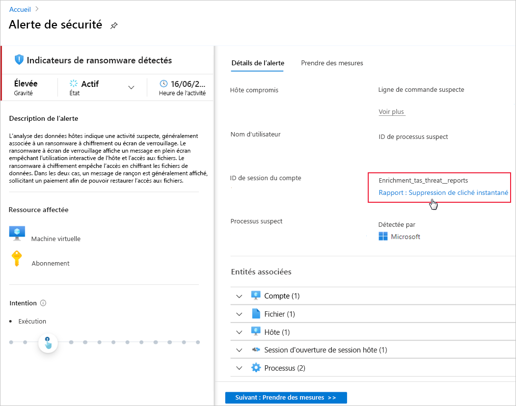 Screenshot of Defender for Cloud ransomware indicators detected link to threat intel report.