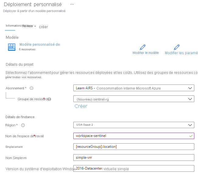 Screenshot of the custom deployment inputs for a Microsoft template.