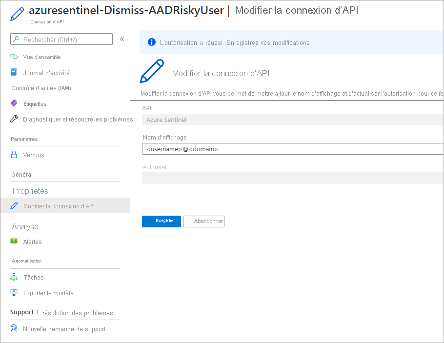 Capture d’écran montrant l’autorisation de la connexion d’API.