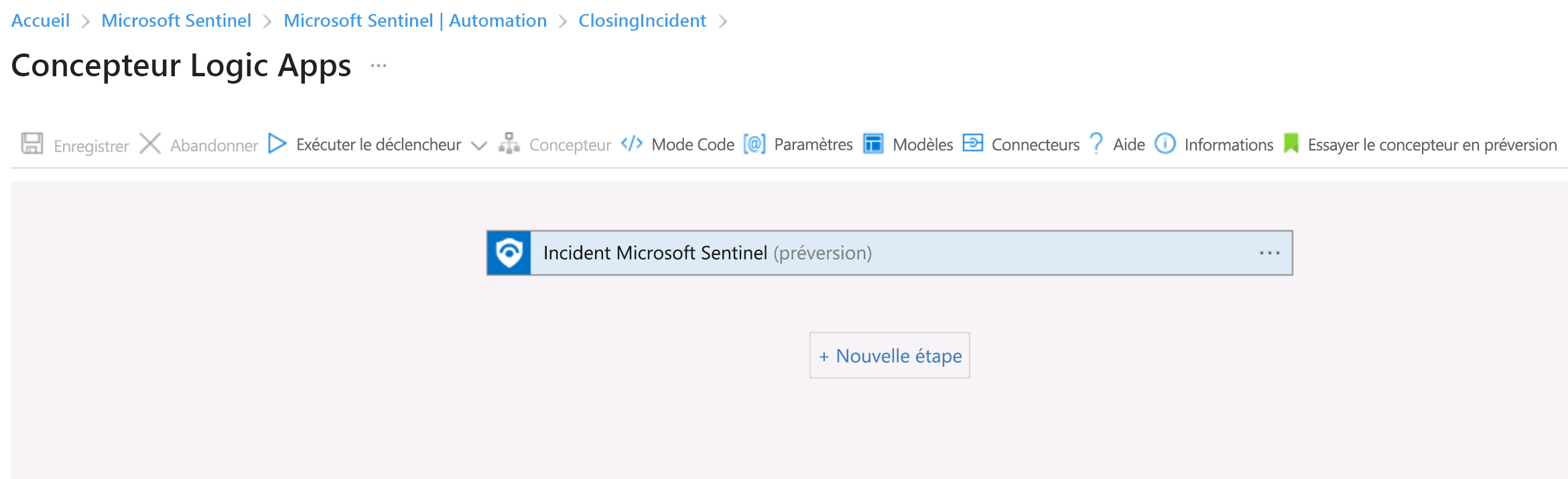 Capture d’écran du déclencheur Microsoft Sentinel.