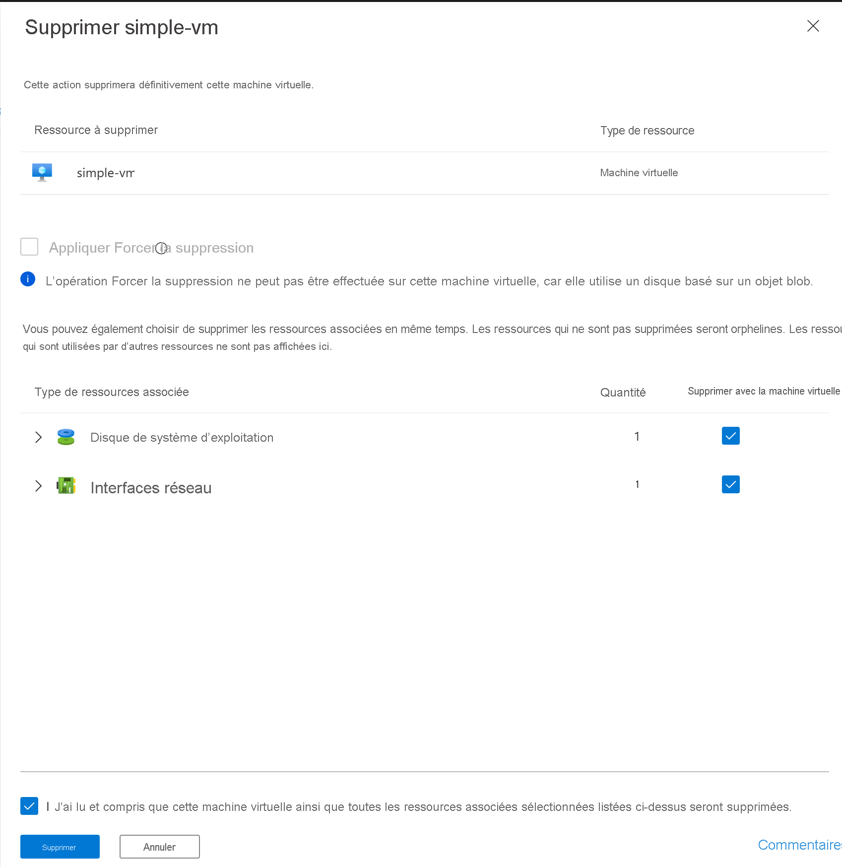 Capture d’écran de la page Supprimer simple-vm.