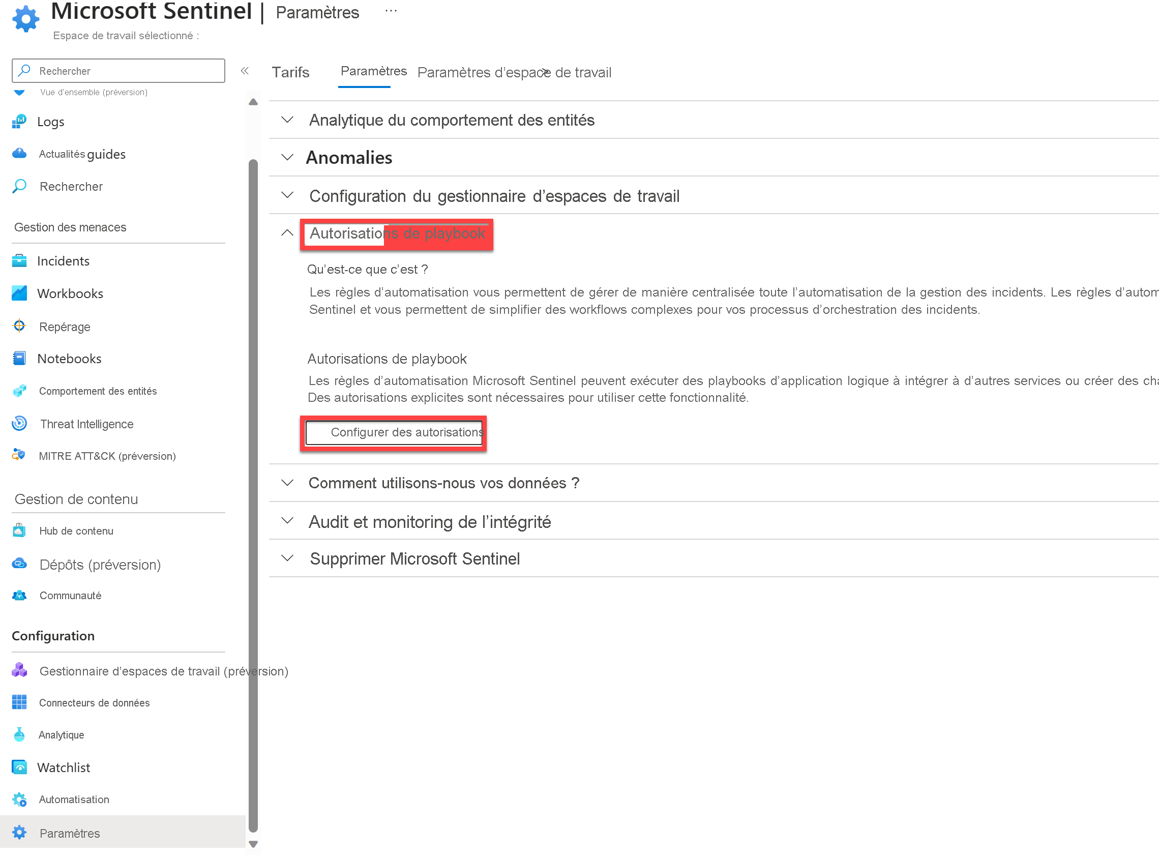 Capture d’écran des autorisations de playbook Microsoft Sentinel.