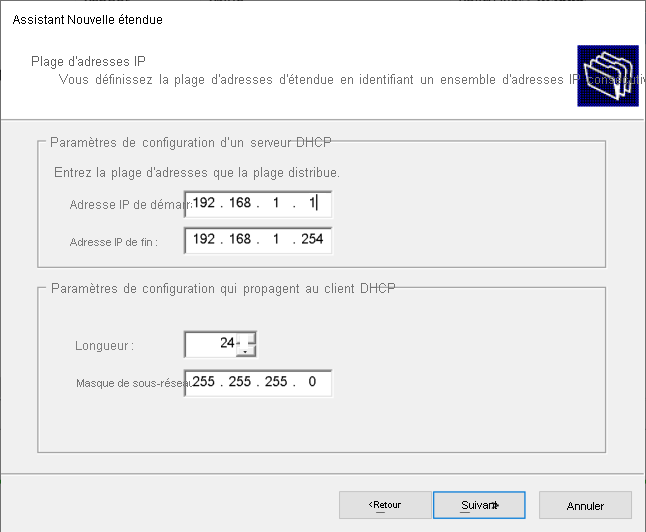 A screenshot of the New Scope Wizard. The administrator has entered a range of IP addresses for a scope on the IP Address Range page.