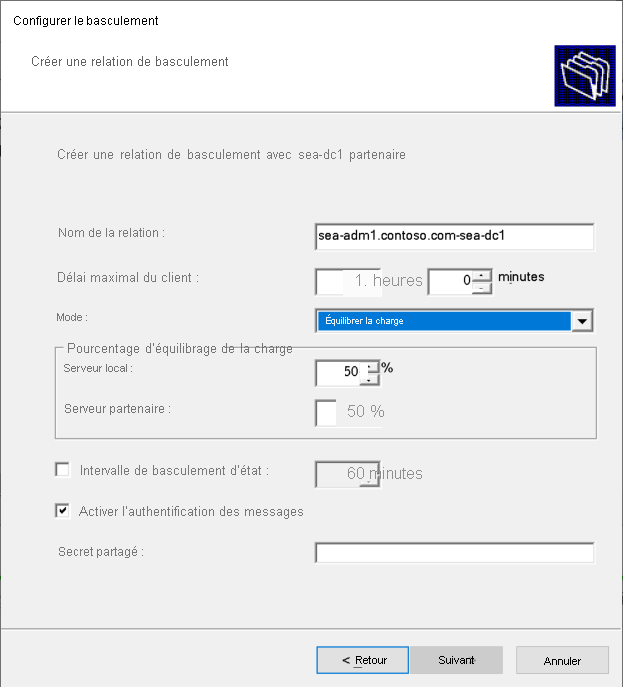 A screenshot of the Create a new failover relationship page in the Configure Failover wizard. The Mode is Load balance.