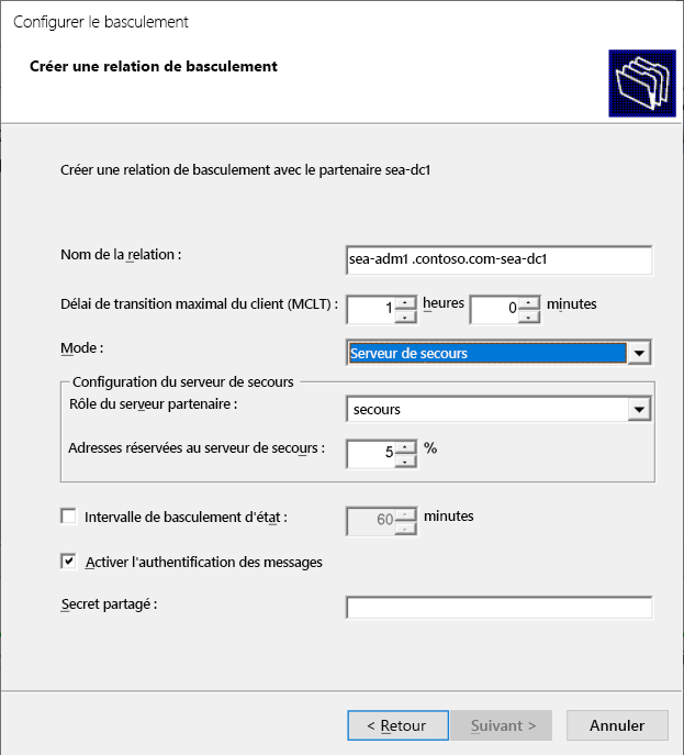 A screenshot of the Create a new failover relationship page in the Configure Failover wizard. The Mode is Hot standby.