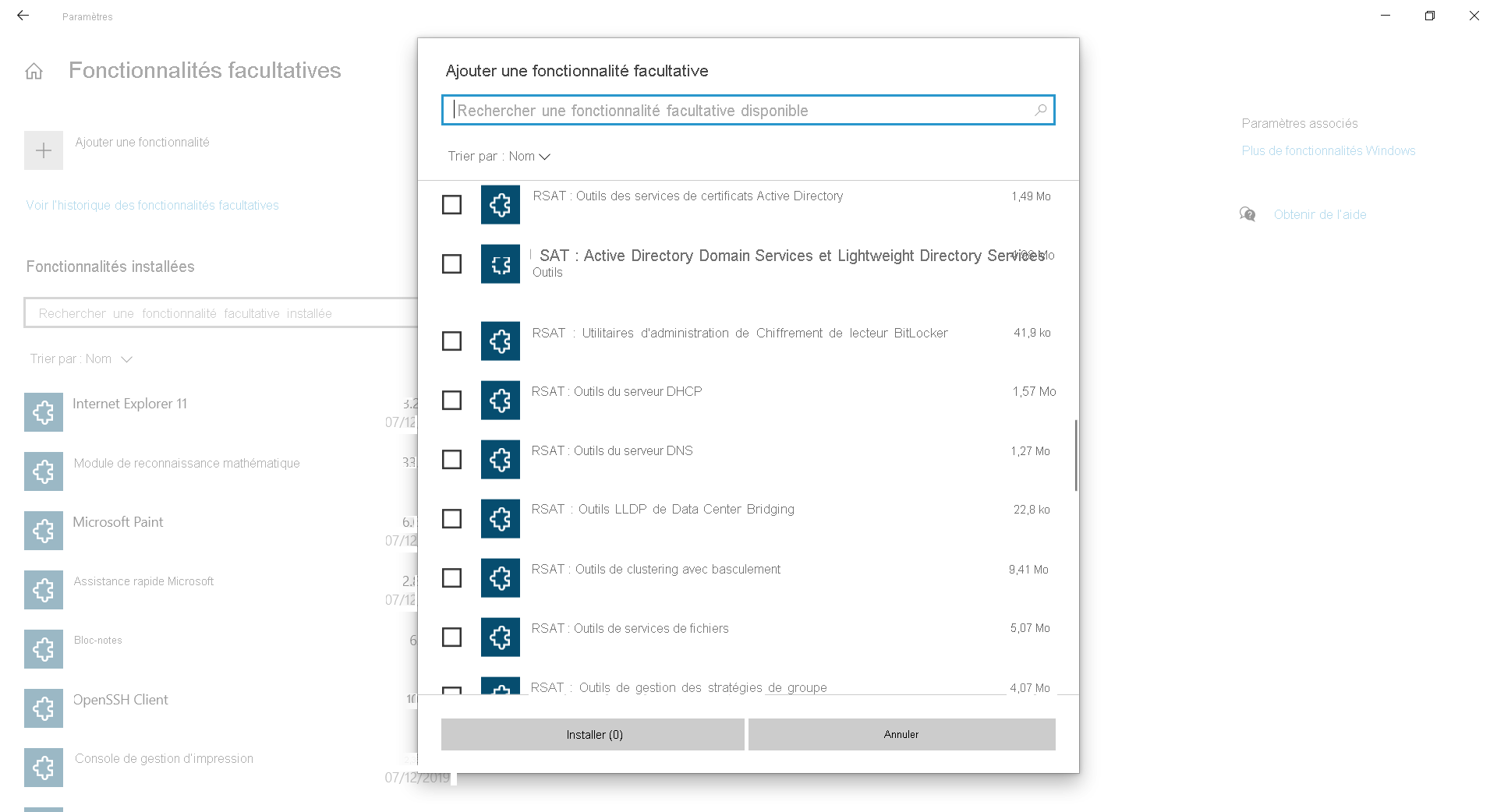 Capture d’écran de la boîte de dialogue Ajouter une fonctionnalité facultative. Une liste d’outils d’administration de serveur distant est affichée.