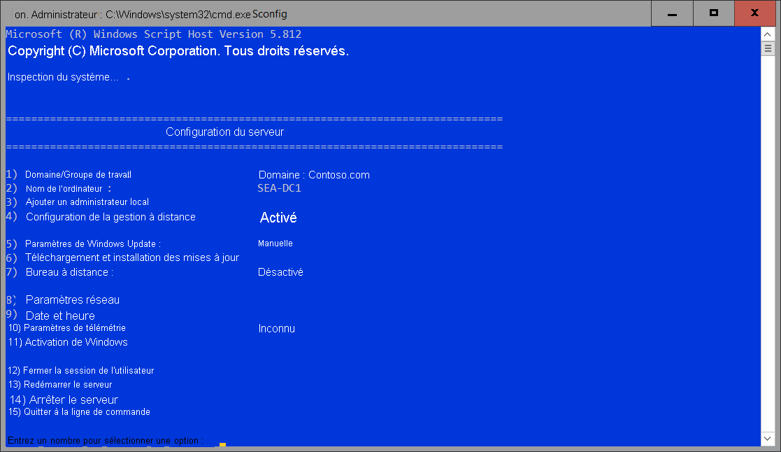 A screenshot of Sconfig in an elevated Command Prompt window. Available options are described in the following table.