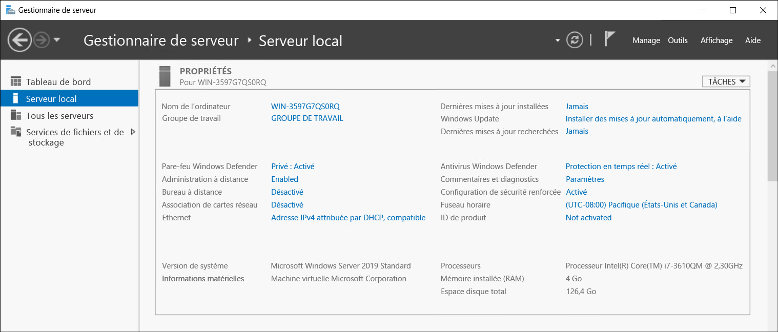 A screenshot of the Local Server pane in Server Manager. Displayed are the options that must be configured, as described in the preceding section of this unit.