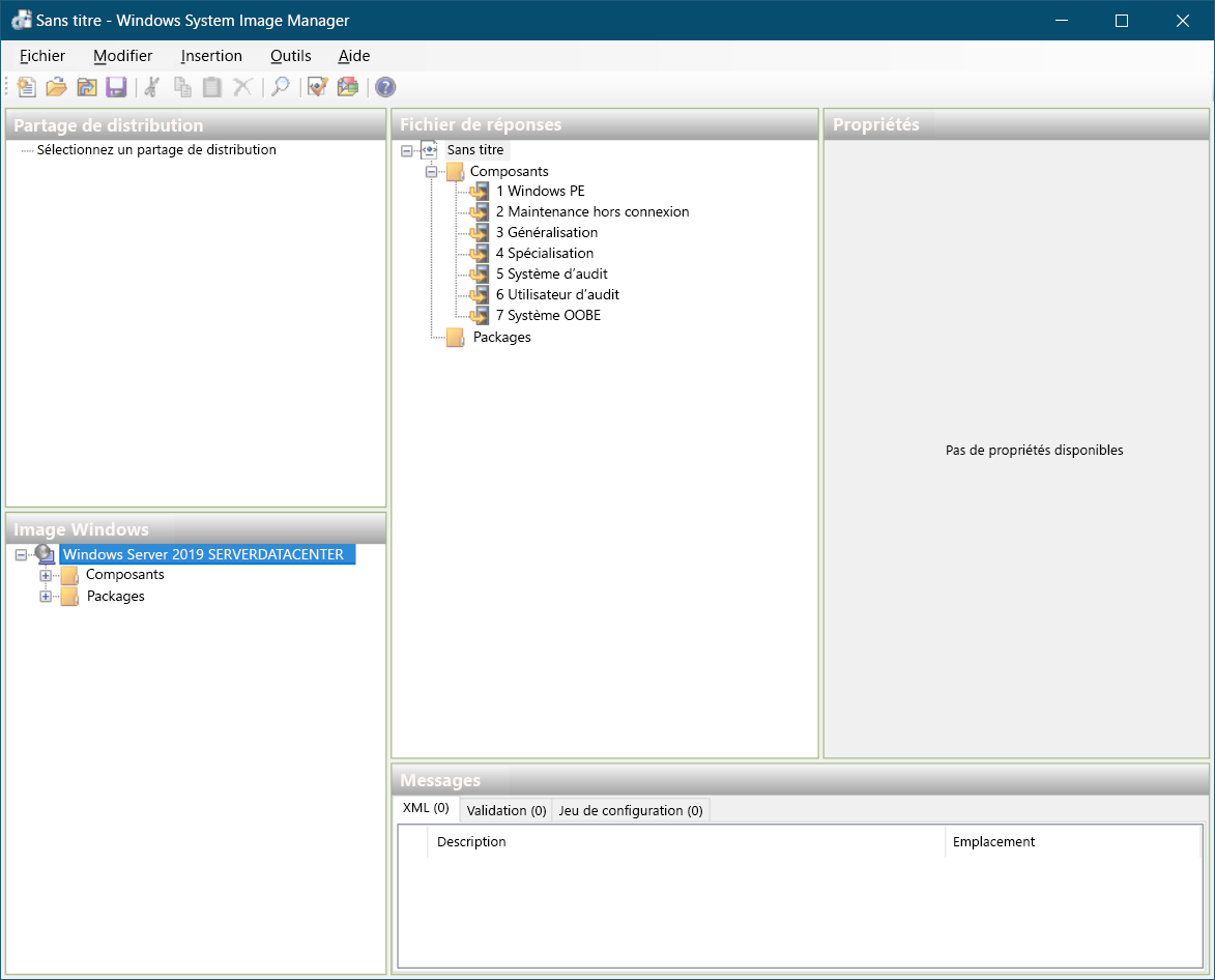 A screenshot of Windows System Image Manager. An untitled answer file is open. Displayed are details of the Distribution Share,the Windows Image, the Answer File, and both the Properties and Messages panes.