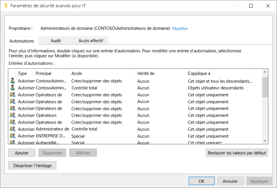 Capture d’écran des Paramètres de sécurité avancés de la boîte de dialogue de l’unité d’organisation Informatique. L’administrateur a sélectionné l’onglet Autorisations. Sont affichées les autorisations sur l’unité d'organisation Informatique, y compris les autorisations déléguées pour ContosoAdmin.