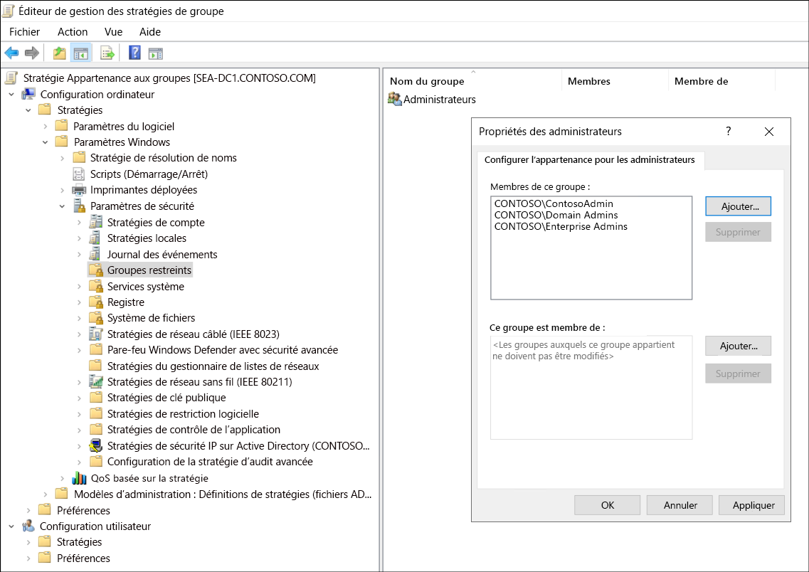 A screenshot of the Group Policy Management Editor. The administrator has navigated to Computer Configuration, Policies, Windows Settings, Security Settings, Restricted Groups. The administrator has added a group called Administrators, and added as members Domain Admins, Enterprise Admins, and ContosoAdmin.