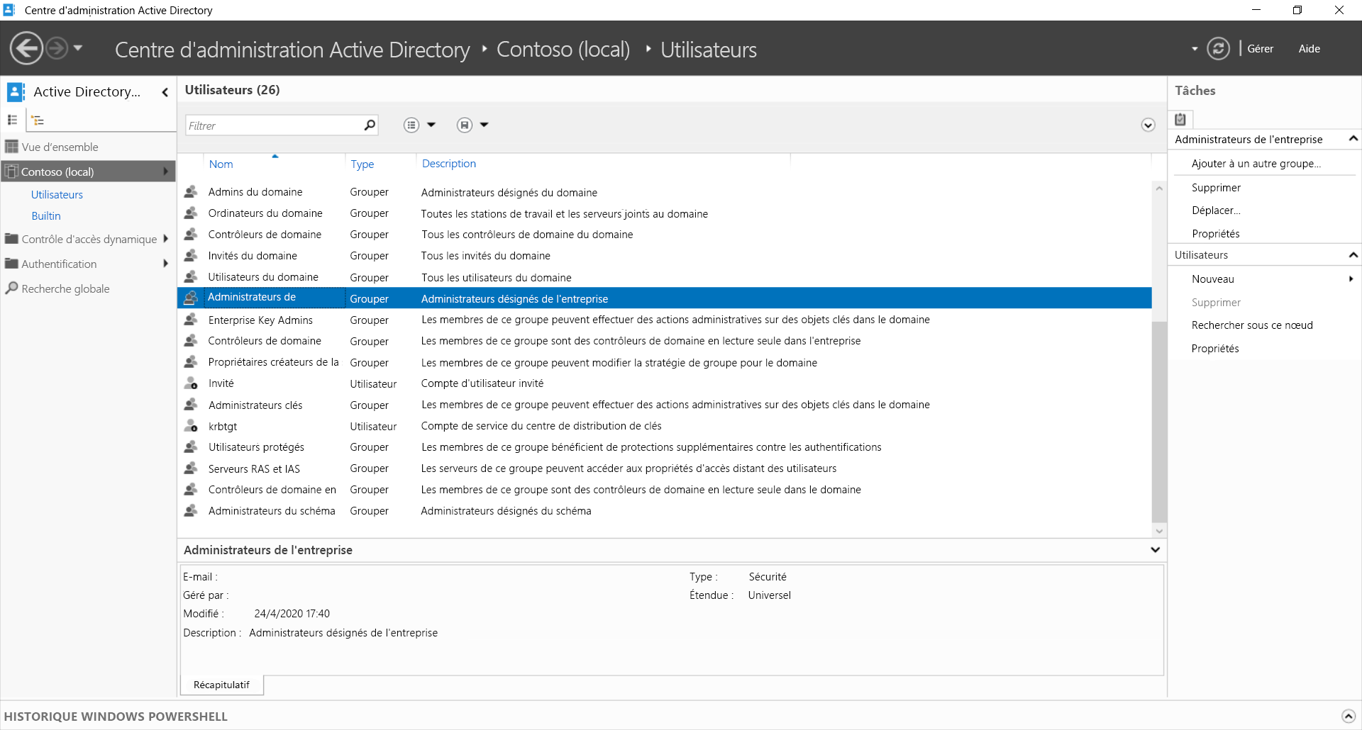 A screenshot of the Active Directory Administrative Center. The administrator has selected the Enterprise Admins group in Contoso (local)\Users. Also displayed are other groups in the Users folder.