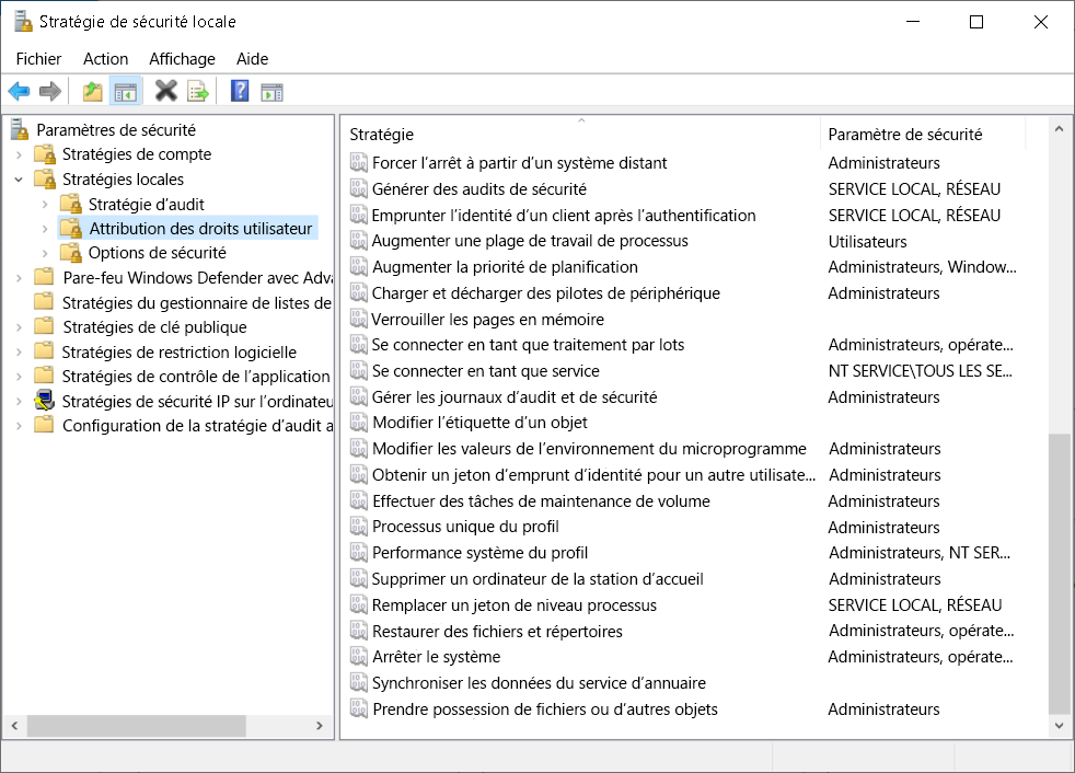 A screenshot of the Local Security Policy console. The administrator has selected the User Rights Assignment node, and displayed in the details pane are policies and security settings.